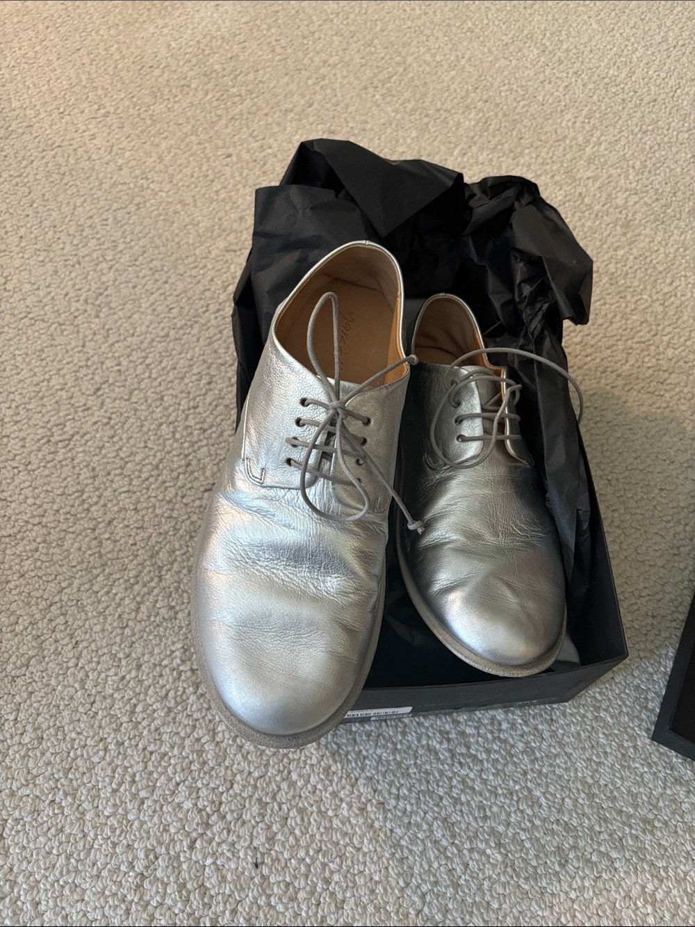 Metallic Silver Leather Lace-Up Oxfords